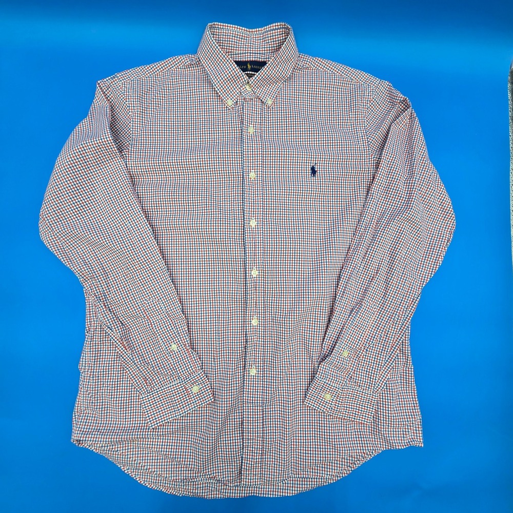 Ralph Lauren Mens L Red Blue Tattersall Check Cotton‎ Stretch Button Down Shirt